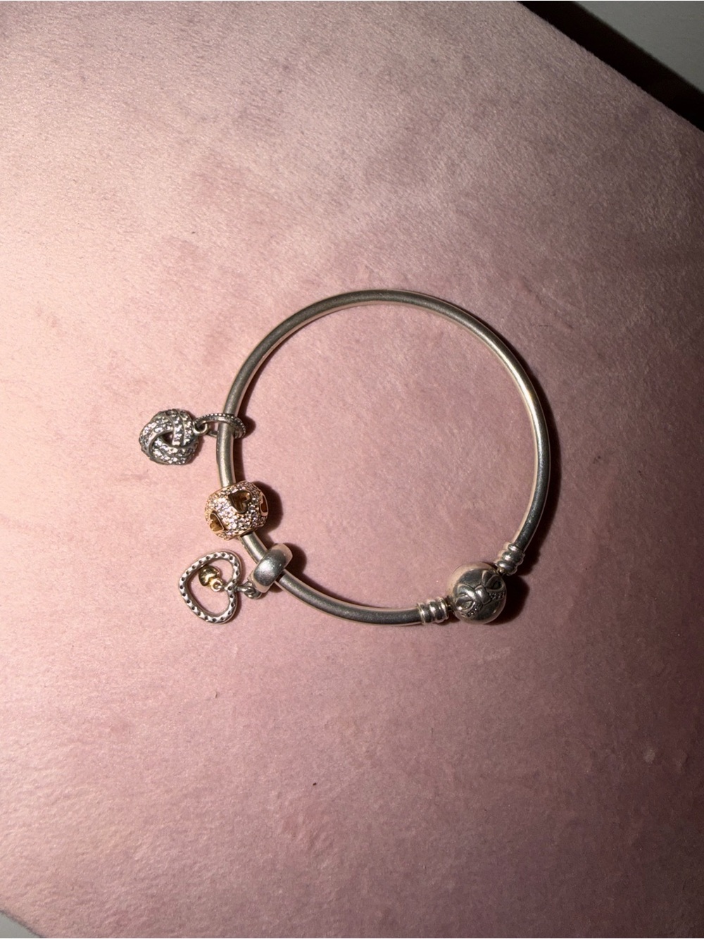 Pandora Two-Tone Silver Bangle with Heart and Gold Accent Charms